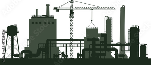 Industrial Manufacturing Plant Illustration Featuring Machinery, Crane, Pipes, and Storage Units for Engineering, Factory Production, and Construction Designs