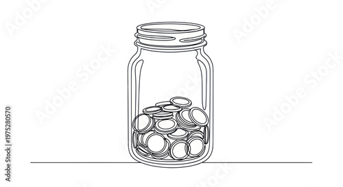 Minimalist continuous line drawing of a glass jar filled with coins, representing savings and investment