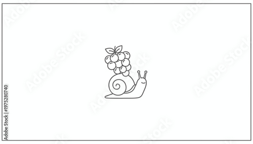 Cute Snail Carrying Grapes on Shell, Whimsical Line Art Illustration