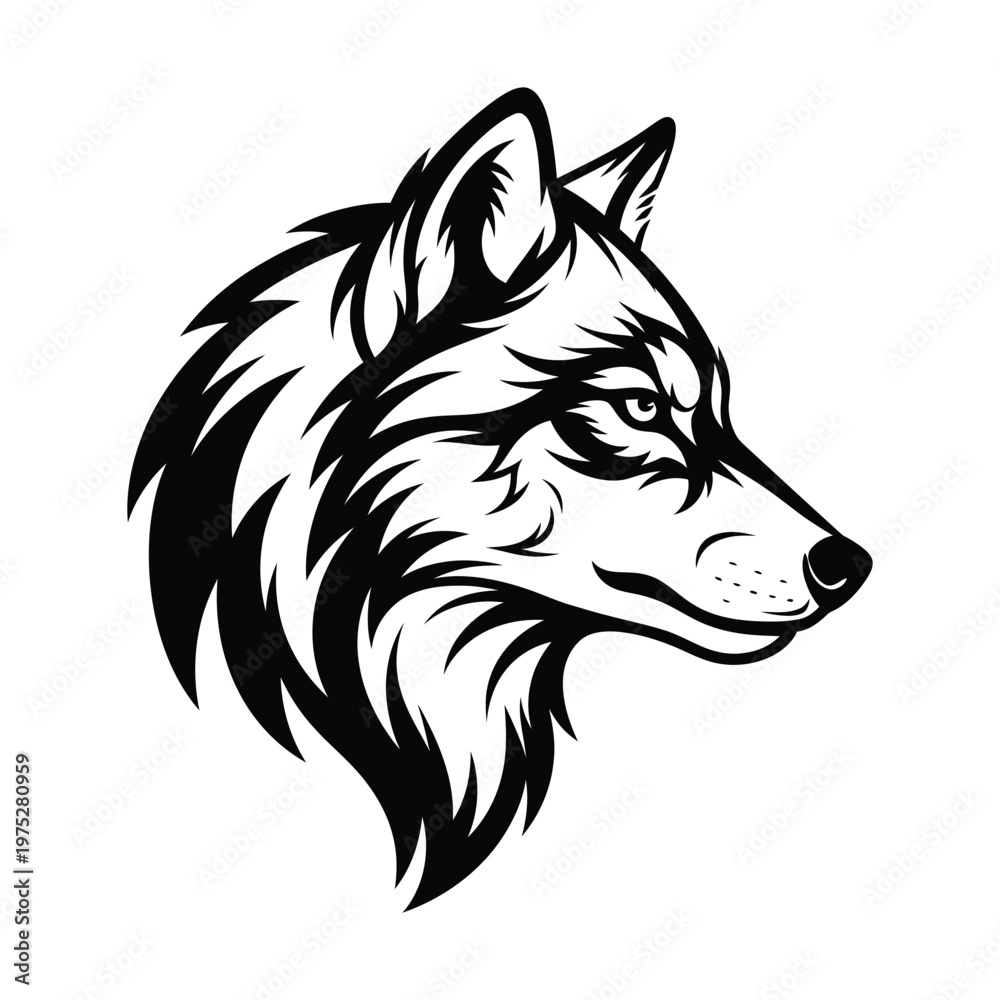 Fototapeta premium Stylized, Fierce Wolf Head Profile Illustration in Black and White