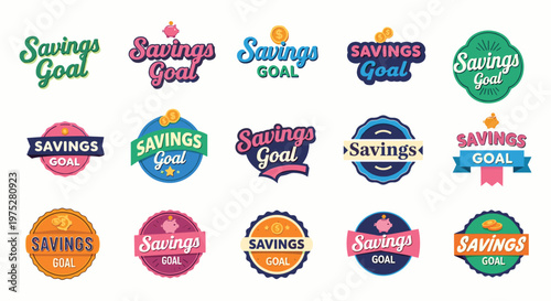A colorful collection of savings goal badges and circular designs are displayed featuring various color schemes and stylistic variations high quality professional detailed