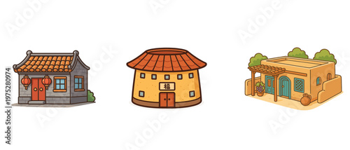 Three Traditional Asian Style Houses Illustration
