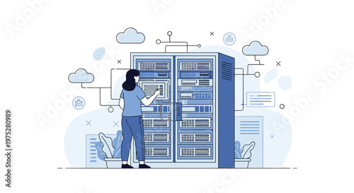 A female technician is working on a large server rack in a data center connecting cables and monitoring systems high quality professional detailed