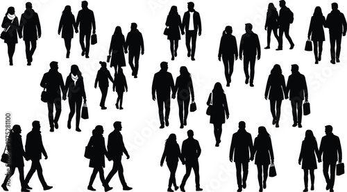 A diverse group of silhouetted people are walking in various directions appearing as a busy crowd scene on a white background high quality