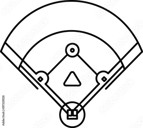 A minimalist black and white line drawing depicts a top down view of a baseball field complete with diamond and bases high quality