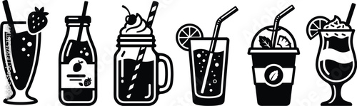 A collection of stylized black and white illustrations depicting various refreshing beverages including smoothies juices and cocktails high quality professional detailed modern elegant