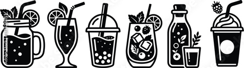 A collection of black and white vector illustrations depicting various refreshing beverages in different glass containers high quality professional detailed modern elegant stylish