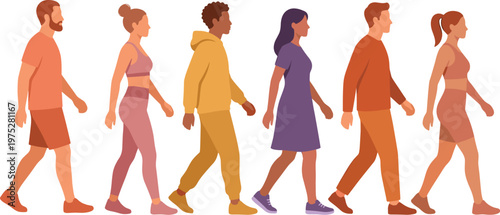 A diverse group of six people are walking in a line showcasing various ethnicities genders and casual clothing styles high quality professional detailed