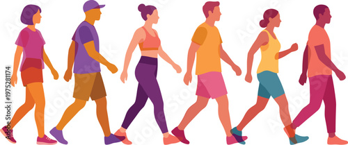 A diverse group of people are shown walking in a line facing forward with varied clothing and skin tones high quality professional detailed