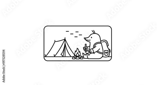 Cute Mole Character Camping with Tent and Campfire, Backpack, Outdoor Adventure