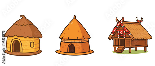 Three traditional huts with thatched roofs illustration