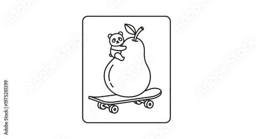 Cute Panda Riding Skateboard with Pear