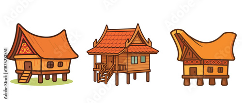 Traditional Elevated Southeast Asian Houses Set Flat Illustration