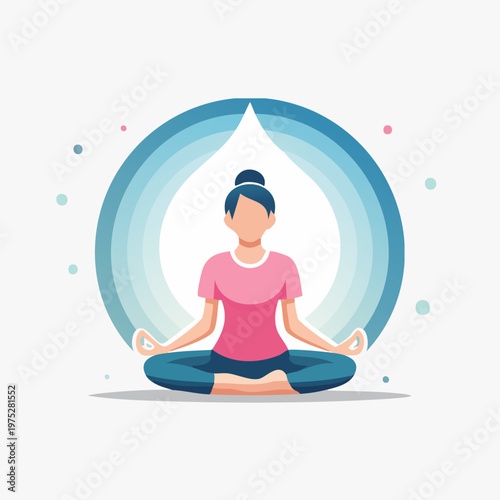 Woman Meditating in Lotus Pose with Water Drop Symbol.