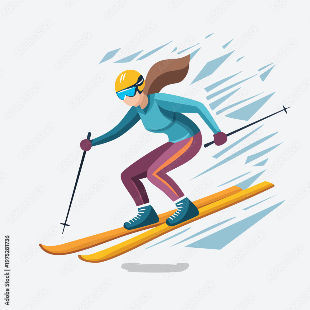 Fototapeta premium Woman skiing down a snowy mountain slope with speed and focus.