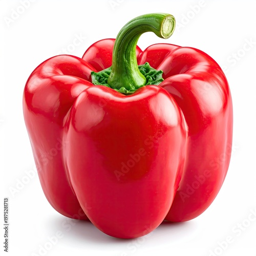 Vibrant red bell pepper showcasing its smooth skin green stem and symmetrical shape in a studio shot for culinary and agricultural uses