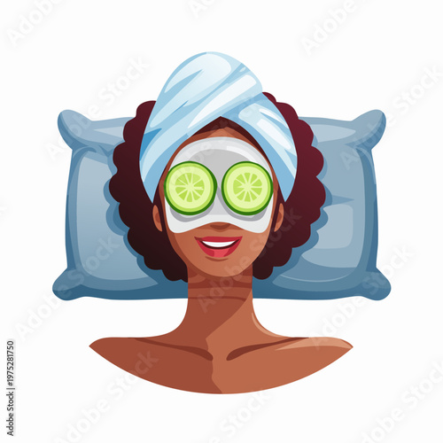 Woman Relaxing with Cucumber Slices on Eyes and Towel on Head.