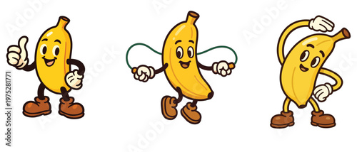 Cartoon banana characters exercising and posing