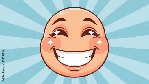 Close-up illustration of a cheerful cartoon face with rosy cheeks and sparkles on a blue sunburst background.