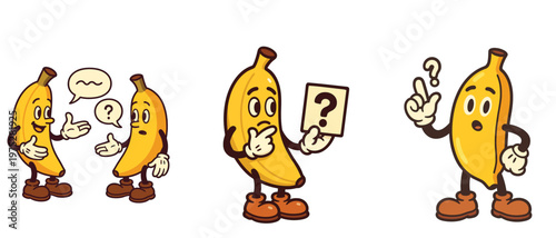 Cartoon banana characters asking and thinking questions