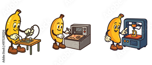 Banana character working with electronic and 3D printing machines