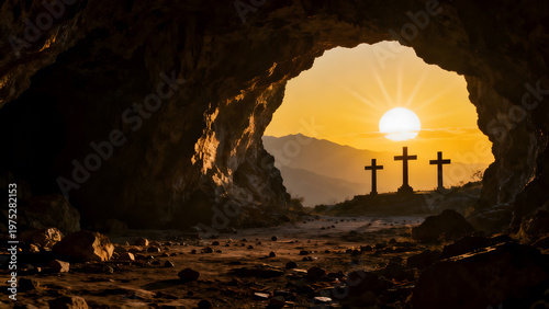 Dark cave with open stone door and crosses in morning light