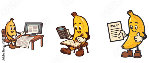 Cartoon bananas studying with computer calculator and essay