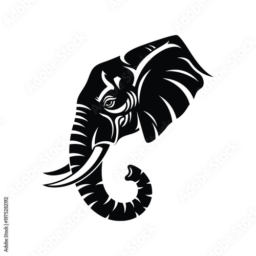 Black and white illustration of an elephant's head with a curved trunk, representing strength and wild nature