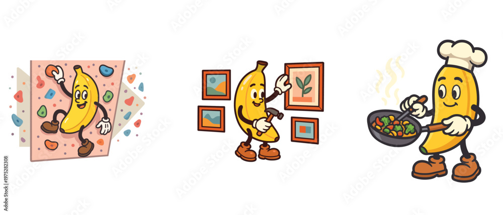 Fototapeta premium Banana character climbing hanging picture and cooking set