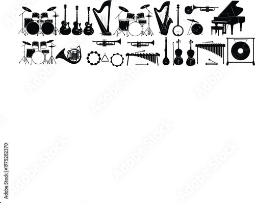 Musical Instruments Icon Collection Featuring Drums, Guitars, Harps, Piano, Trumpets, Violins, and Other Instruments for Music, Performance, and Art Designs