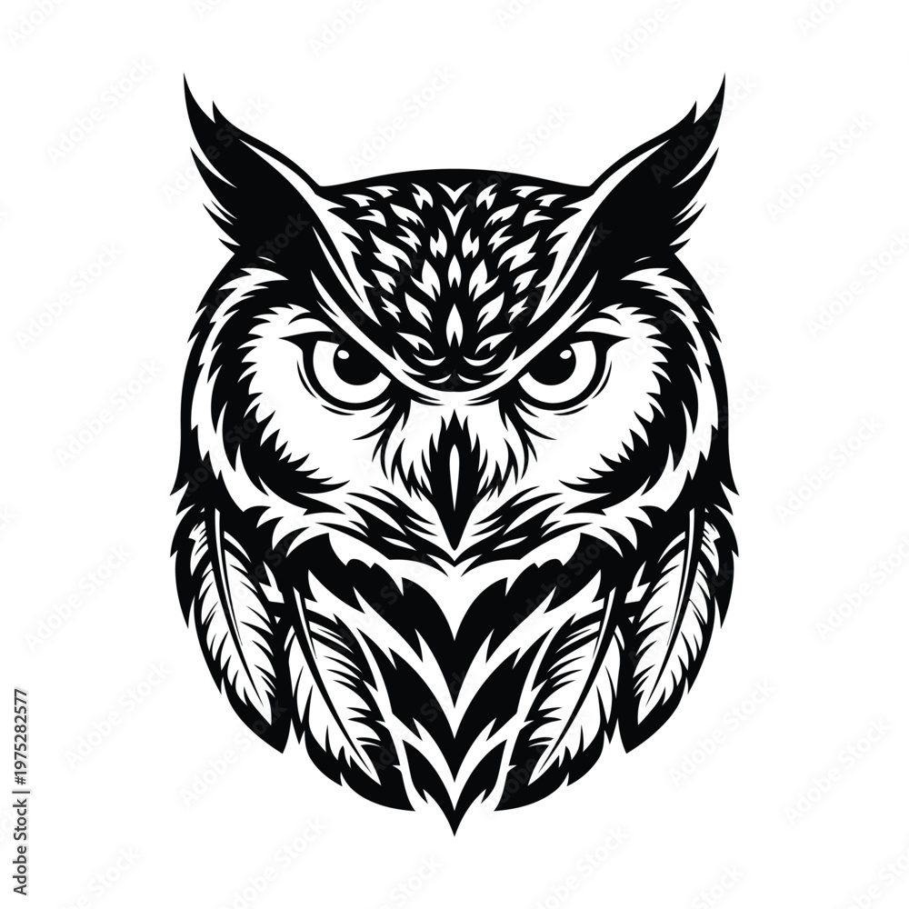 Fototapeta premium Striking monochrome owl head design, a powerful vector illustration embodying wisdom, vigilance, and the enigmatic spirit of the nocturnal wild