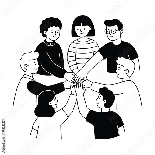 Minimalist vector team joining hands in unity.