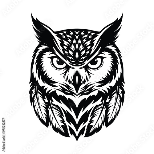 Striking monochrome owl head design, a powerful vector illustration embodying wisdom, vigilance, and the enigmatic spirit of the nocturnal wild