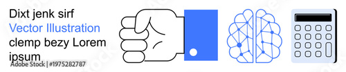 Education, problem-solving, creativity, computation, technology, and communication. Fist, brain calculator and text components in a clean vector style. Education and problem-solving visuals