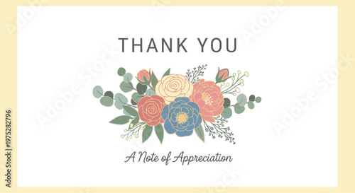 A close-up shot of a thank you card with a floral design and a note of appreciation on a yellow background.