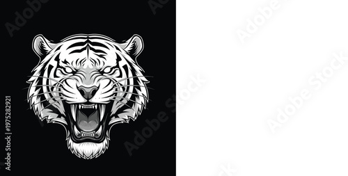 Dynamic monochrome illustration of a roaring tiger head, symbolizing power, strength, and wild ferocity, perfect for bold graphic design projects and impactful visual statements