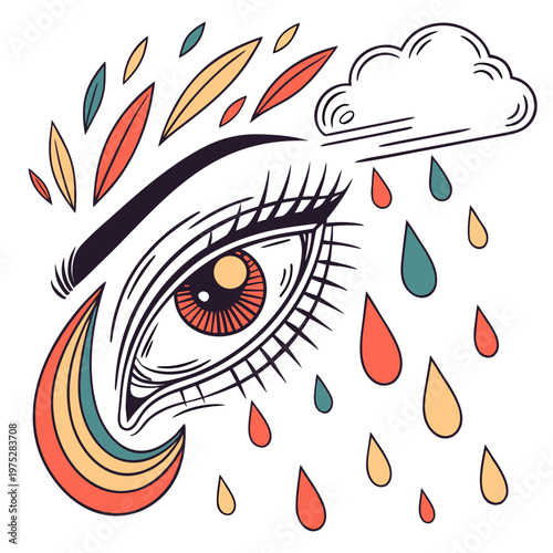Abstract eye crying colorful rain drops and feathers.