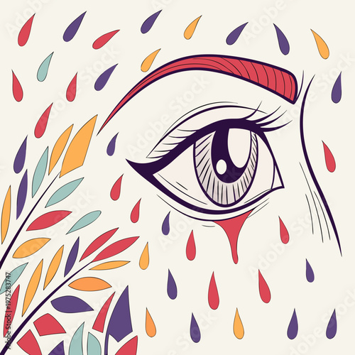 Close up eye with colorful tears and leaves.