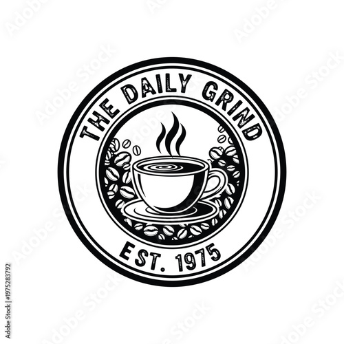 A vintage-inspired circular emblem showcasing a warm, steaming cup surrounded by freshly roasted coffee beans, symbolizing the energizing essence of a morning ritual and daily motivation