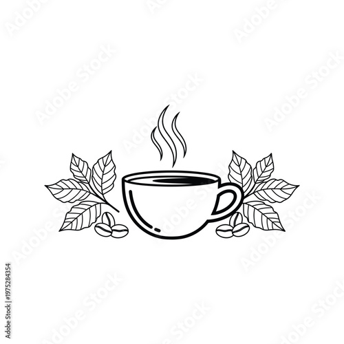 Inviting minimalist line art depicting a steaming cup of coffee, elegantly framed by delicate coffee leaves and roasted beans, symbolizing comfort, warmth, and an aromatic experience