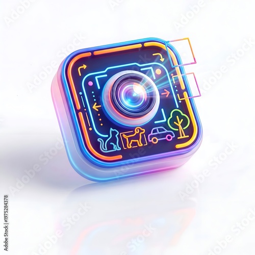 Colorful Neon Camera Icon with Digital Design.