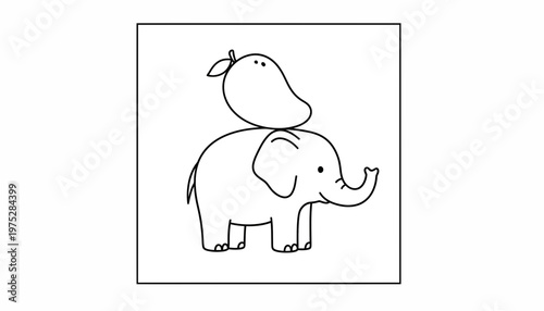 Cute Elephant Balancing Mango on Head, Minimalist Line Art Illustration
