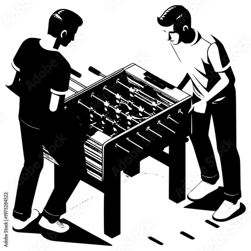 Foosball Frenzy: A captivating grayscale image of two individuals deeply engrossed in a dynamic foosball match, showcasing intense focus and friendly competition.