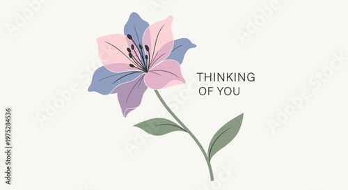 Illustration of a pink and blue flower with green leaves and the text 'THINKING OF YOU' on a white background.