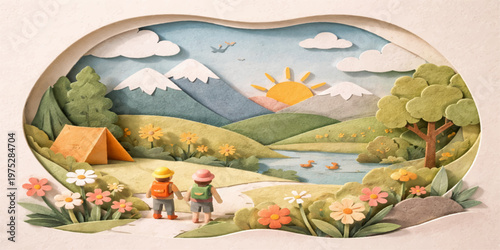 Whimsical camping scene with hikers by lake under sunrise in hand-drawn oval illustration
