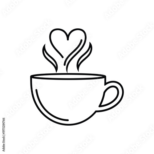 A heartwarming linear illustration depicting a steaming cup, where the rising vapor elegantly forms a perfect heart shape, symbolizing love, comfort, and the cozy pleasure of a warm beverage