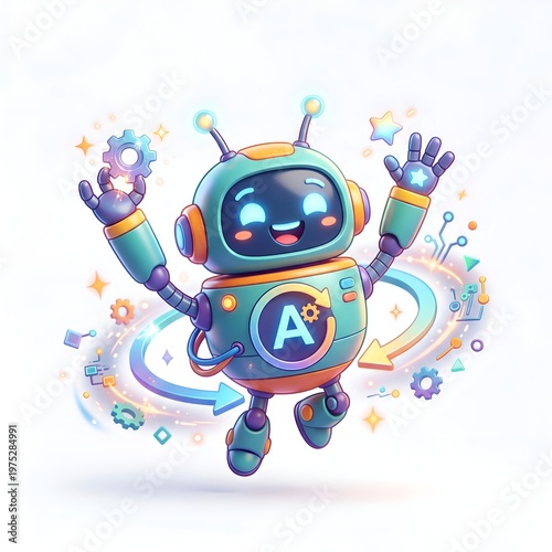 Cute Robot Character with Bright Colors and Friendly Expression.
