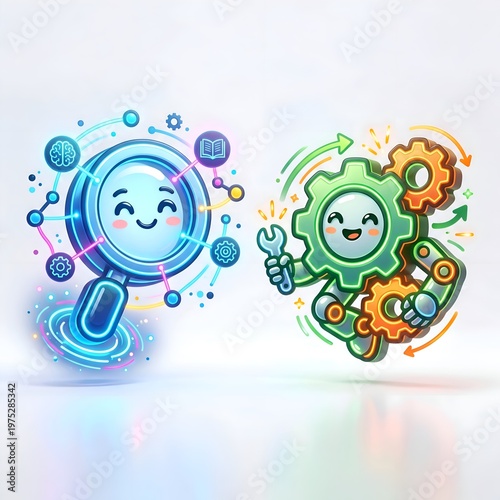 Cute Cartoon Robots with Gears and Technology Elements.