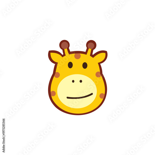 A cute, kawaii-style vector illustration of a giraffe's face. The character is bright yellow with brown spots, a large light-cream muzzle, and a friendly, slightly asymmetrical smile. The design is fi