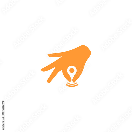A minimalist flat-design vector icon in orange featuring a hand silhouette placing or picking up a location pin. The pin is centered under the index finger and thumb, utilizing negative space to defin